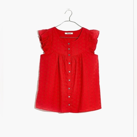 🍒 Madewell Red Eyelet Ruffle-Sleeve Bib Top . Size XXS - Picture 6 of 16